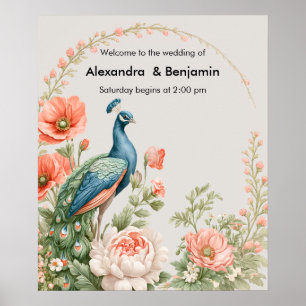 Poster Pavão de Casamento Botânico   Arte Floral Vintage