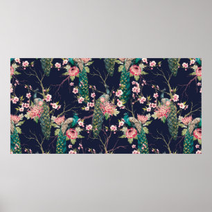 Poster pavão de padrão aquoso em uma cereja, flor