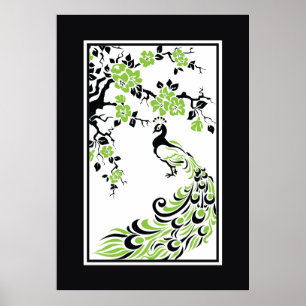 Póster Pavão e flores de cerejeira pretos, verdes,