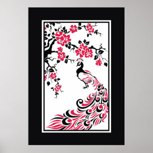 Poster Pavão e flores de cerejeira pretos, vermelhos,