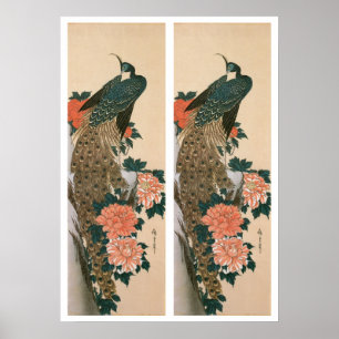 Póster Pavão e peônias por Hiroshige, arte japonesa