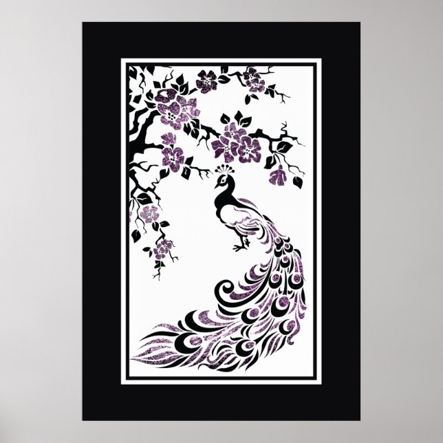 Póster Pavão negro, púrpura e bonito flores (Frente)