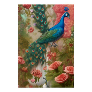 Póster Pavão no Jardim de Rosa Apricot