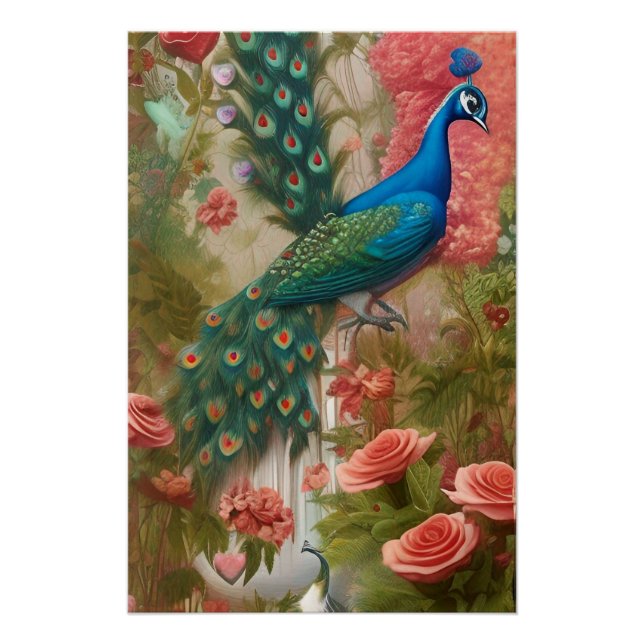 Póster Pavão no Jardim de Rosa Apricot (Frente)