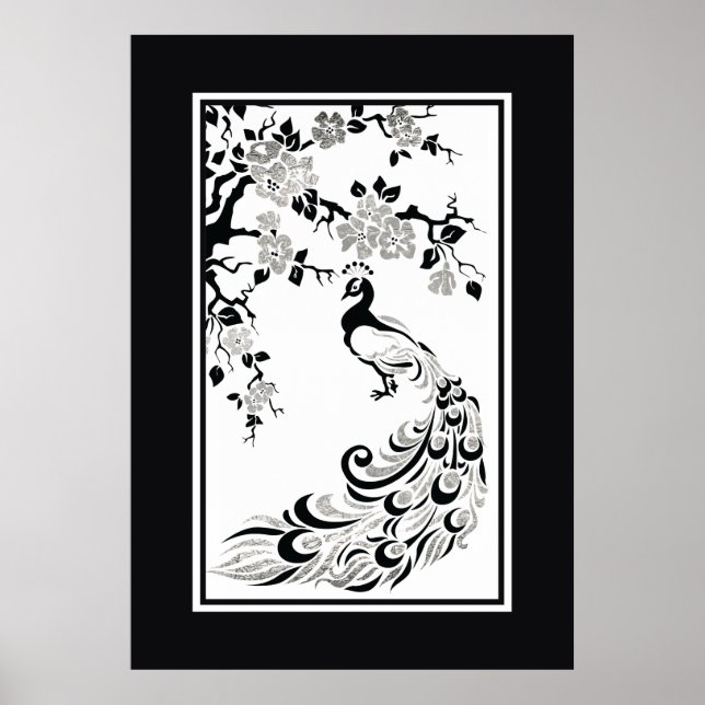 Póster Pavão prateado preto e flores de cereja (Frente)