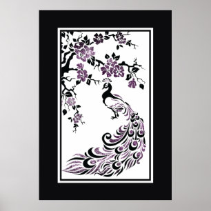 Póster Pavão preto, roxo e flores bonito