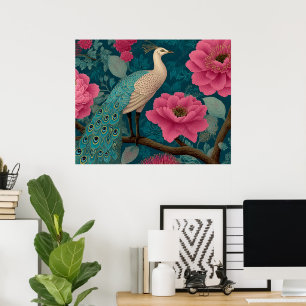 Poster Pavão Vibrante e Padrão Floral Rosa