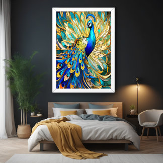 Poster Pavão Vibrante no Estilo Nouveau Muro Colorido
