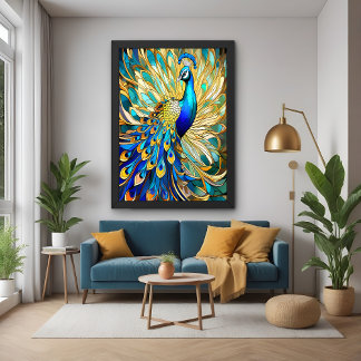 Póster Pavão Vibrante no Estilo Nouveau Muro Colorido