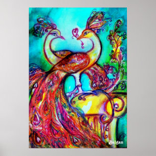 Póster PAVÕES APAIXONADOS, Vermelho Azul Turquesa Amarelo