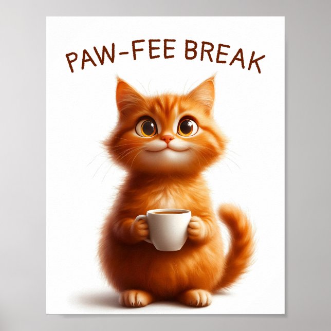 Poster Pawfee Break Funny Ginger Cat with Coffee (Frente)