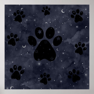 Poster Paws Star e Crescent Moons Blue Watercolor