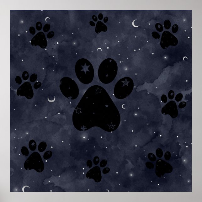 Poster Paws Star e Crescent Moons Blue Watercolor (Frente)
