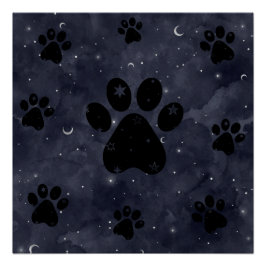 Póster Paws Star e Crescent Moons Blue Watercolor