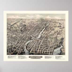 Póster Pawtucket, mapa panorâmico de RI - 1877