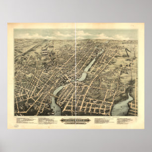 Póster Pawtucket Rhode - mapa panorâmico antigo da ilha
