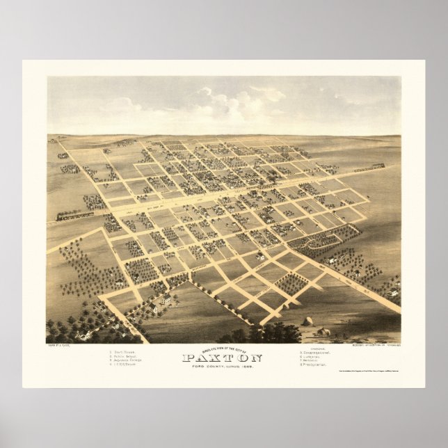 Póster Paxton, Mapa Panorâmico IL - 1869 (Frente)