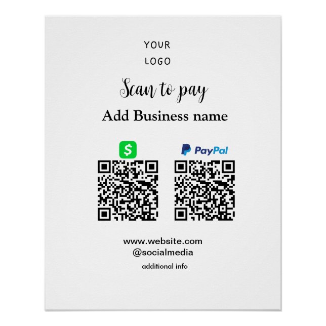 Póster Paypal Cashapp digitalizar para pagar QR adicionar (Frente)