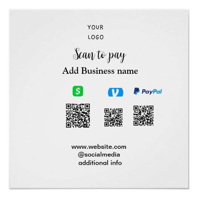 Póster Paypal Cashapp venmo scanear para pagar QR adicion (Frente)