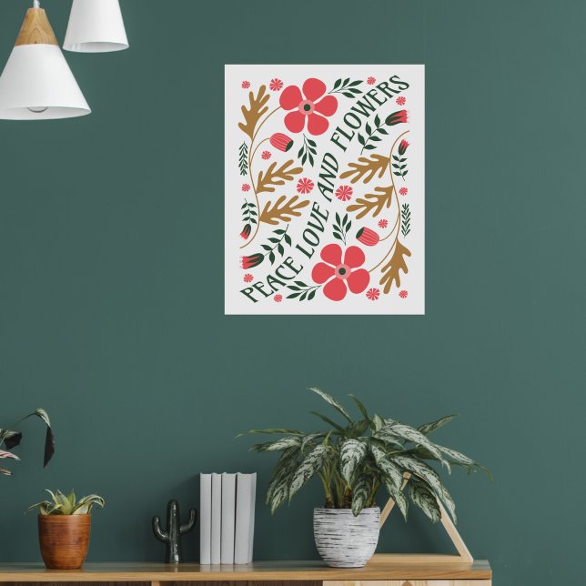 Poster Paz Amor e Flores Floral Retro (Sala de Estar 1)
