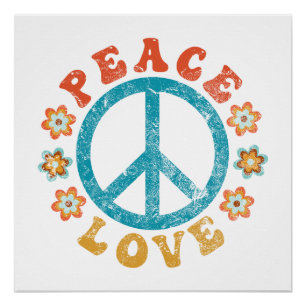 Póster Paz & Amor - Sinal de Paz Hippie Com Flores