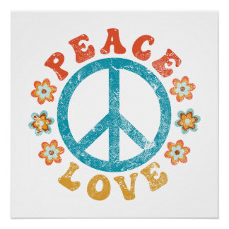 Póster Paz & Amor - Sinal de Paz Hippie Com Flores