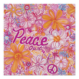 Póster Paz Fora Floral Sinal de Paz Hippie Padrão Retro