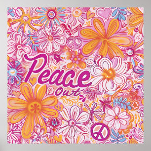 Poster Paz Fora Floral Sinal de Paz Hippie Padrão Retro