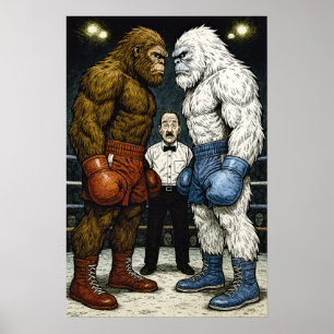 Poster Pé Grande Vs Yeti, luta de boxe, arte em quadrinho