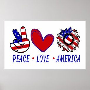 Poster Peace Love America Patriotic Flag Heart Sunflower