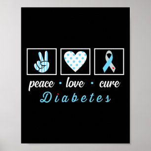 Poster Peace Love Cure Cinza Blue Ribbon Tipo 1 Diabetes 