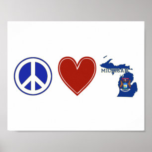 Póster Peace Love Michigan with State Shaped Flag