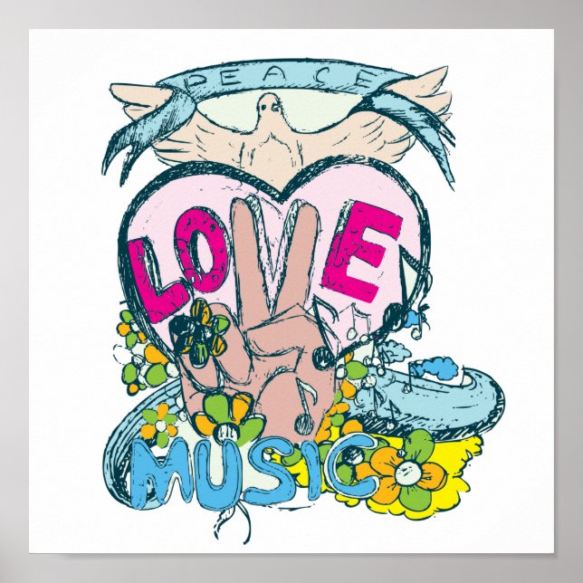 Poster peace love music retro hippie vetor art (Frente)