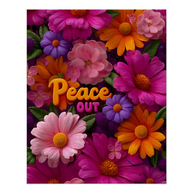 Póster Peace Out Hippie Floral Neon Peace Sign Pattern (Frente)