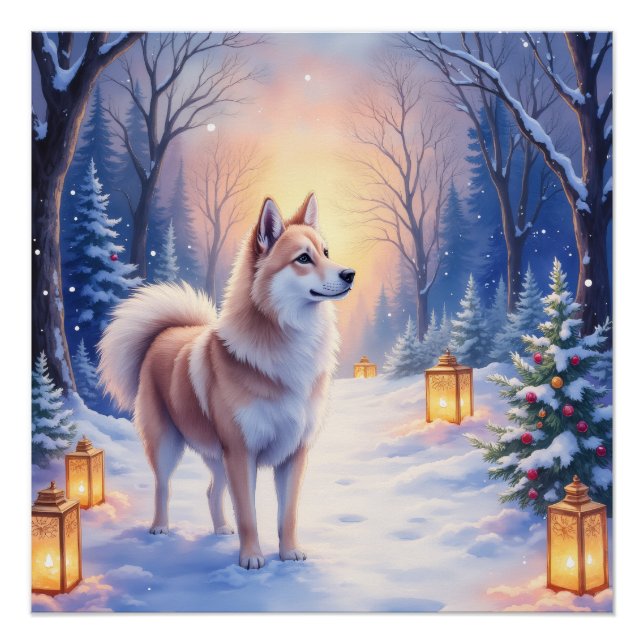 Póster Peaceful Akita on Snow Lantern Path Christmas Dog  (Frente)