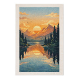 Póster Peaceful Alpine Lake Sunset Retro Travel Poster