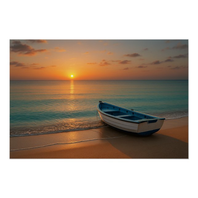 Póster Peaceful Golden Sunset with Boat on Beach Poster (Frente)
