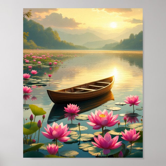 Poster Peaceful Lake Sunset With Boat And Flowers (Frente)