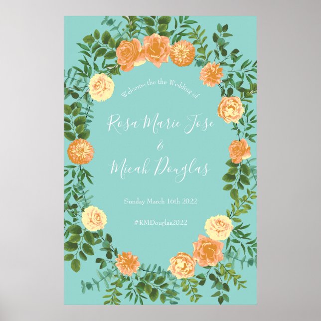 Poster Peach Aqua Teal Wedding Rosa Floral (Frente)