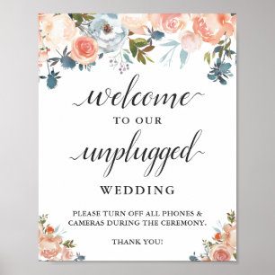 Poster Peach Coral Floral Unplugged Ceremony Sinal