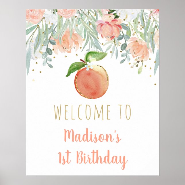 Poster Peach Dourado Floral Birthday Bem-vindo (Frente)