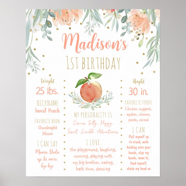 Poster Peach Dourado Floral Primeiro Passo de Aniversário (Frente)