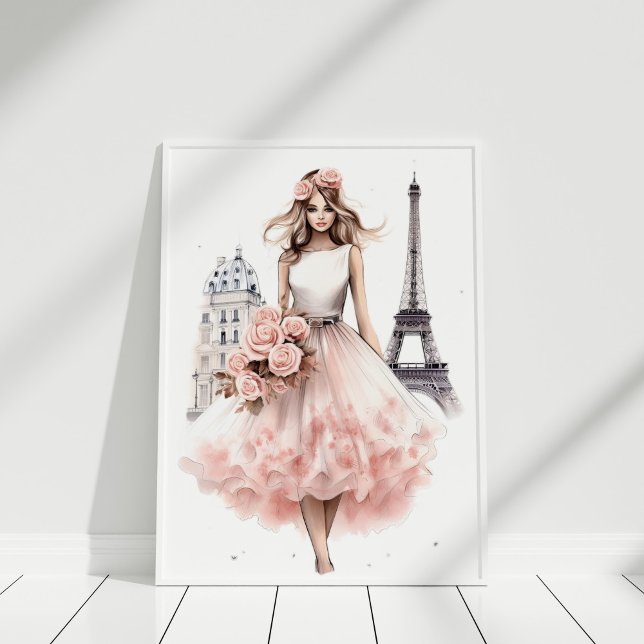 Poster Peach Floral Paris Fashion Portrait (Peach Floral Paris Fashion Portrait Poster in a white frame)