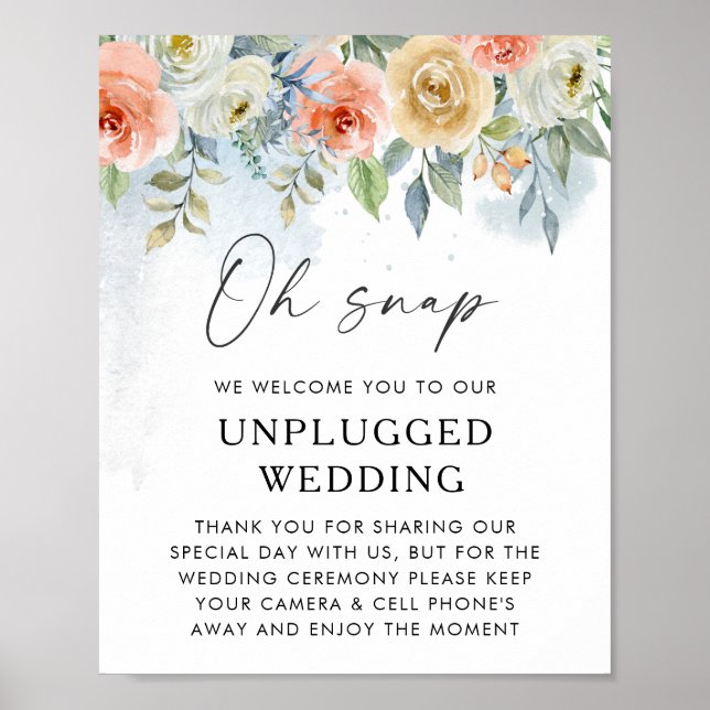 Poster Peach Floral Unplugged Wedding Sign (Frente)