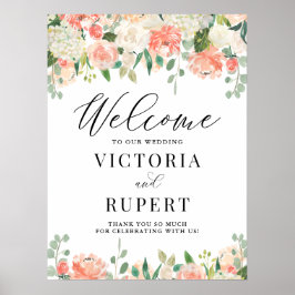 Poster Peach Ivory Peony e Hydrangea Wedding Bem-vindo