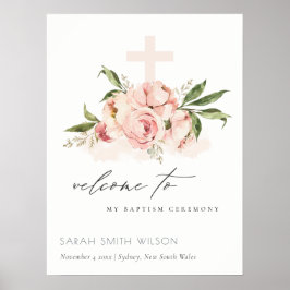 Poster Peach Peony Floral Cross Bunch Baptism Welcome