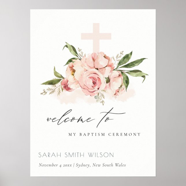 Poster Peach Peony Floral Cross Bunch Baptism Welcome (Frente)