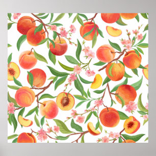 Poster Peach Tropical Fruta Vintage Pattern.