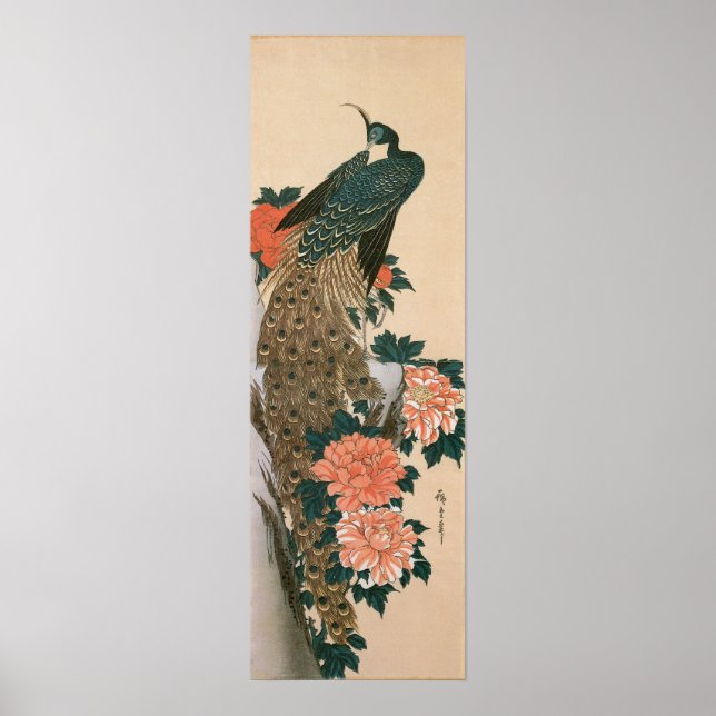 Póster Peacock and Peonies by Hiroshige, Arte Japonesa (Frente)