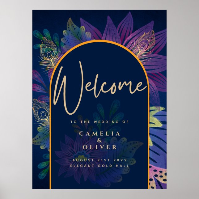 Poster Peacock Blue Jewel Tones Texto Dourado Floral Casa (Frente)